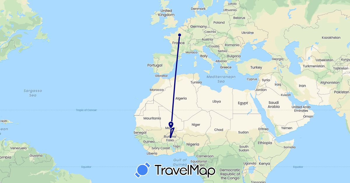 TravelMap itinerary: driving in Burkina Faso, France, Mali (Africa, Europe)